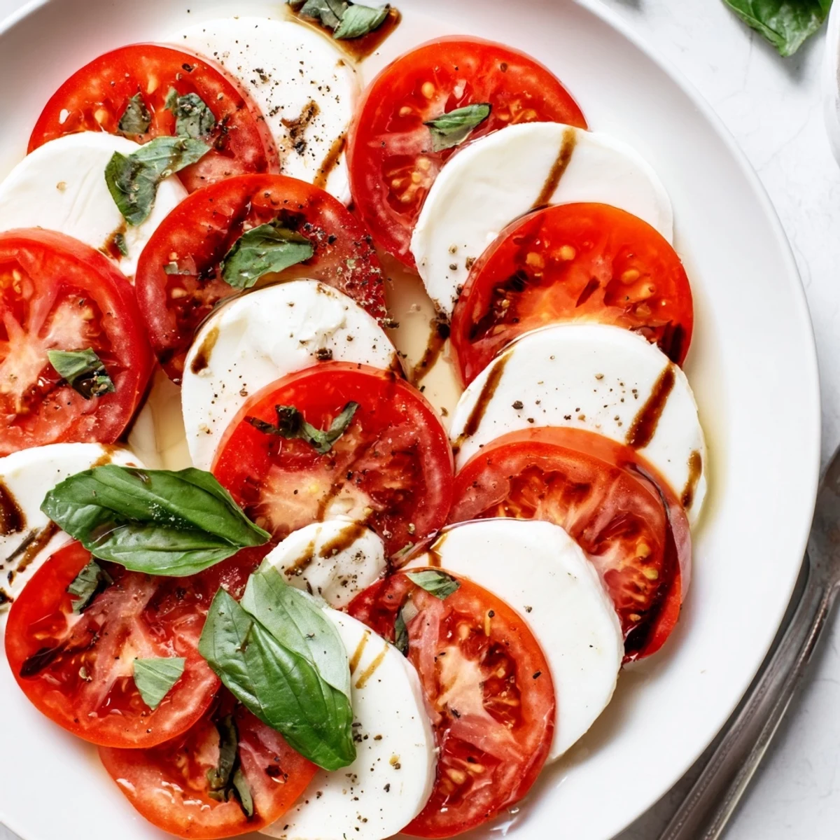 Freshly arranged Caprese Salad on platter, sprinkled sea salt and cracked pepper.