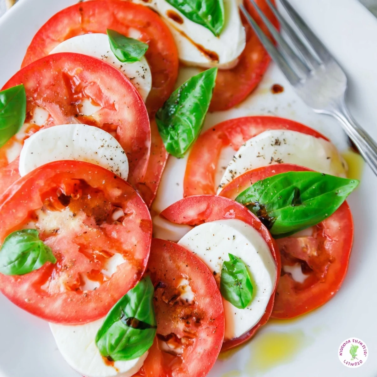 Caprese Salad with ripe tomato slices, creamy mozzarella, fragrant basil, olive oil.