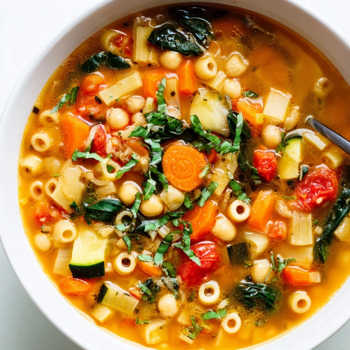 Golden Vegan Italian Penicillin Soup loaded with chickpeas, pasta, and vibrant leafy greens