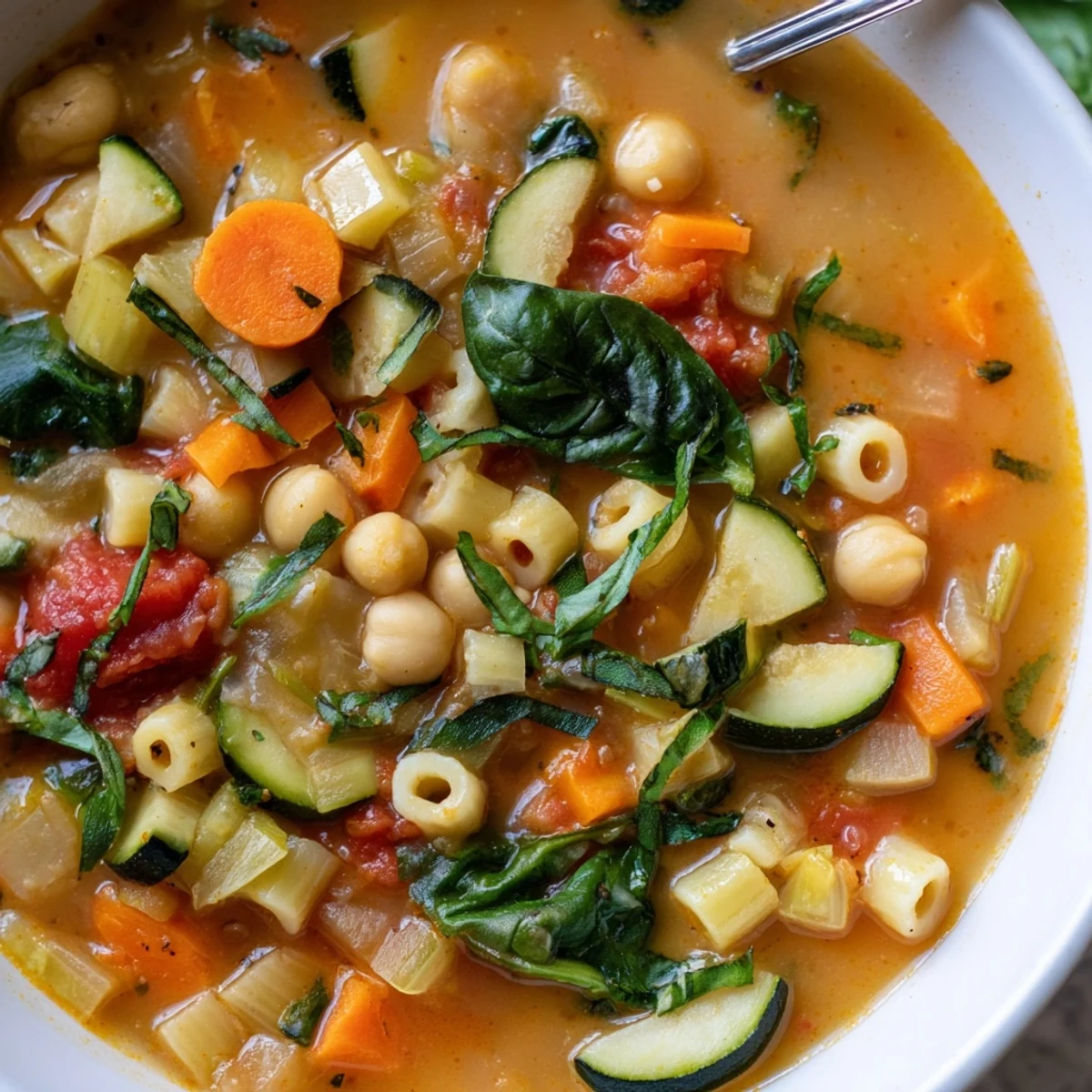 Steaming bowl of Vegan Italian Penicillin Soup with tender vegetables and fresh basil garnish