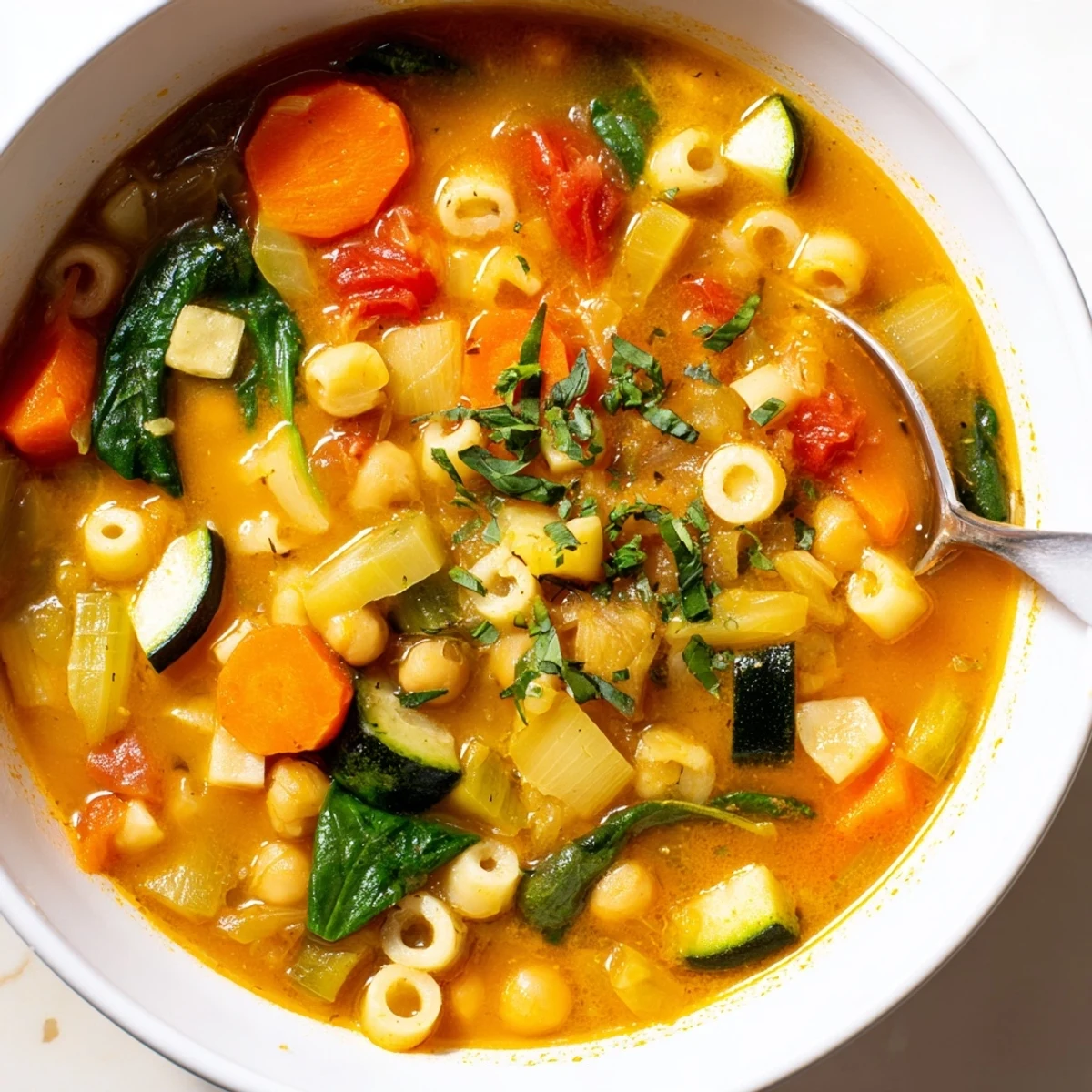 Creamy Vegan Italian Penicillin Soup in a rustic bowl with crusty bread on the side