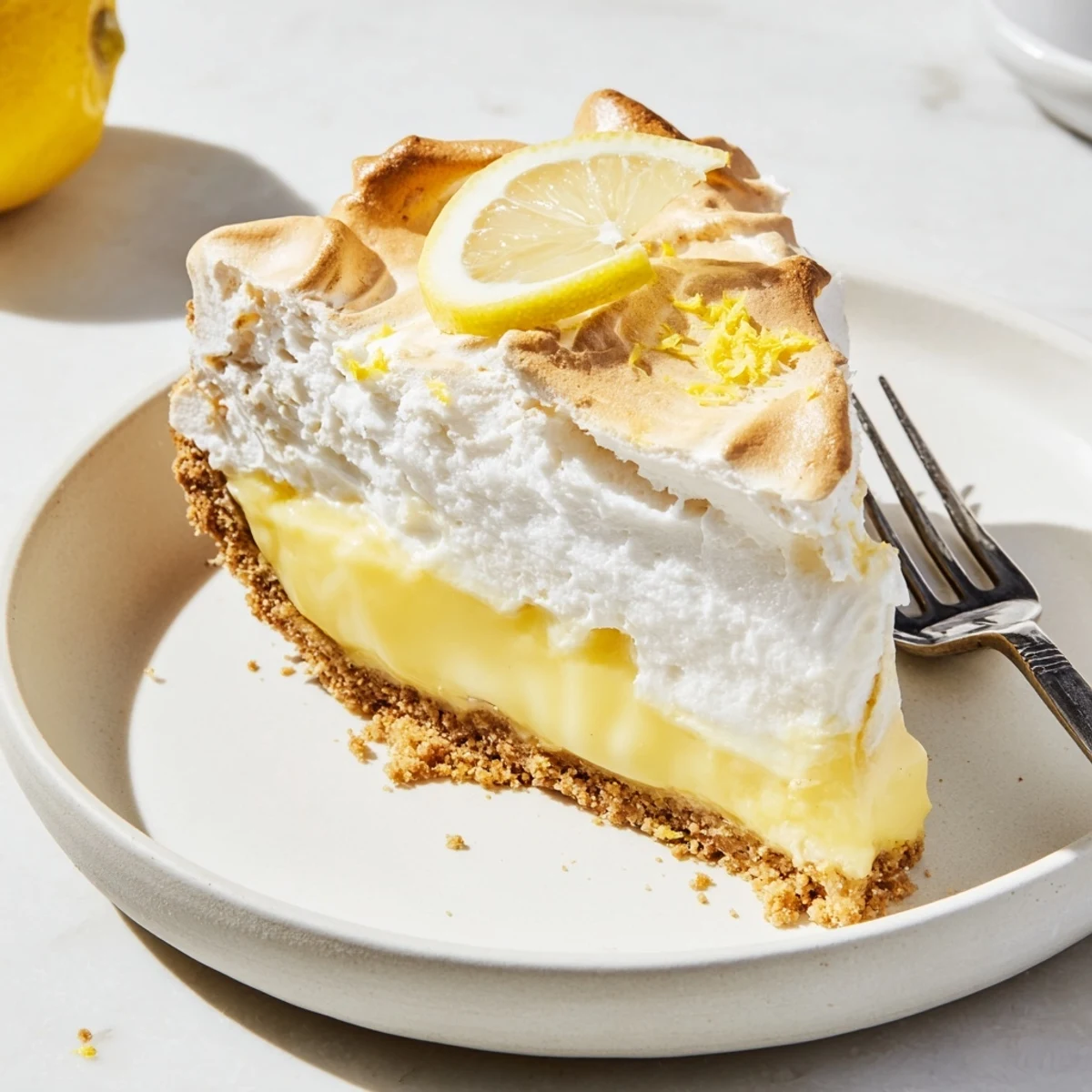 Real lemon pie recipe topped with toasted meringue and bright zest curls