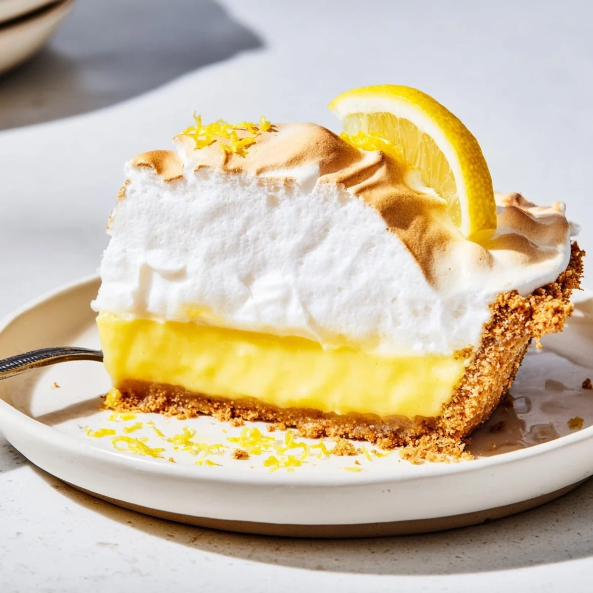Creamy real lemon pie recipe sliced and served on a rustic white plate