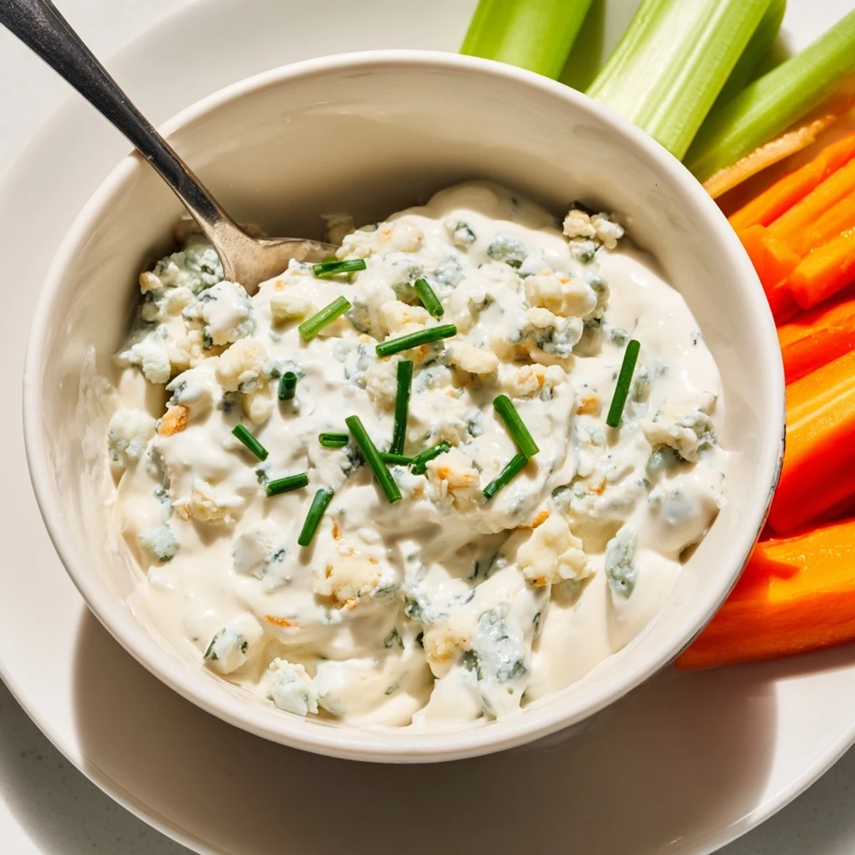 Creamy blue cheese dip in a bowl surrounded by fresh celery and carrot sticks