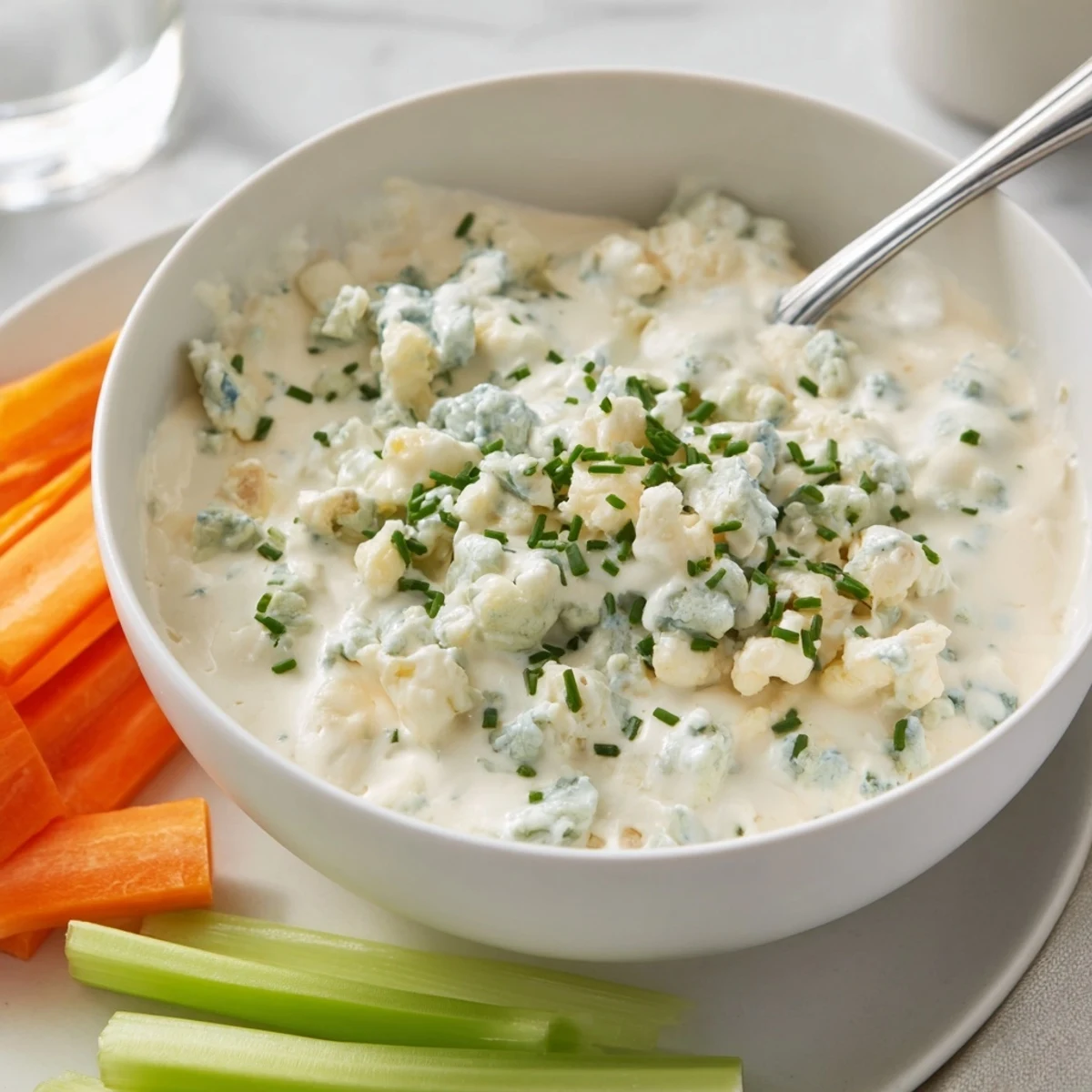 Rich and tangy blue cheese dip scooped up with crunchy veggie sticks