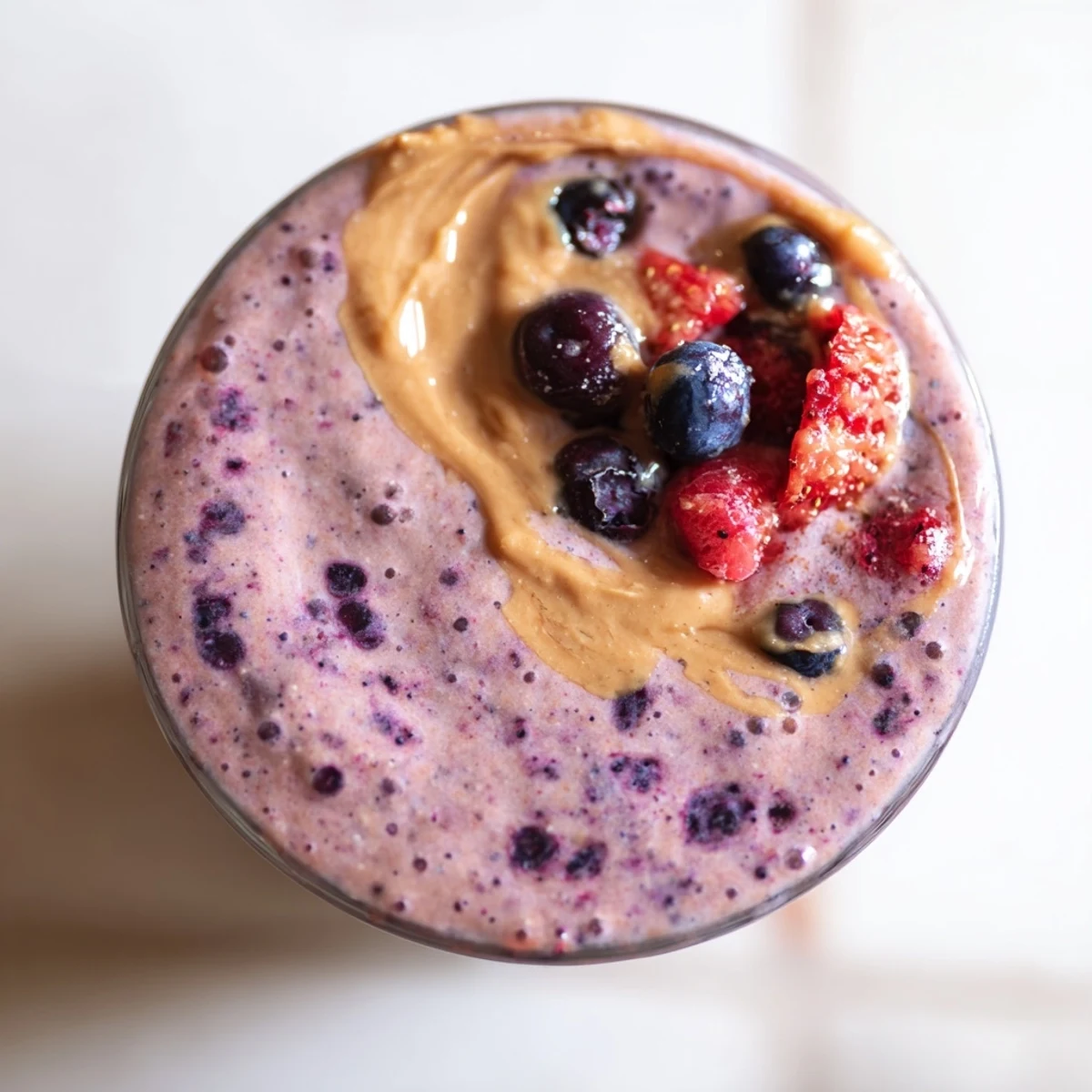 Rich peanut butter berry smoothie poured into two glasses beside scattered blueberries and raspberries
