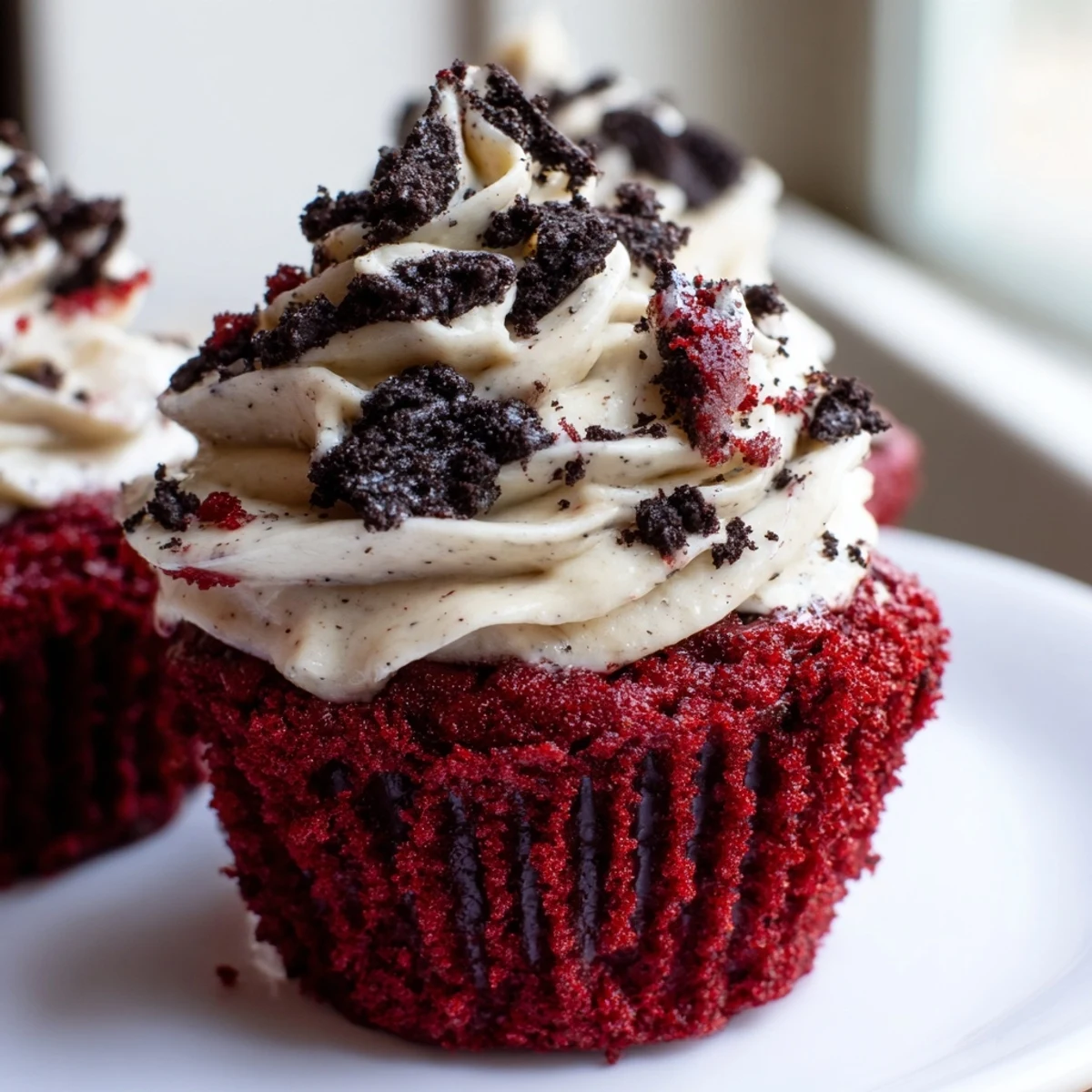 Red Velvet Oreo Cupcakes with creamy frosting and cookie crumb garnish on rustic plate