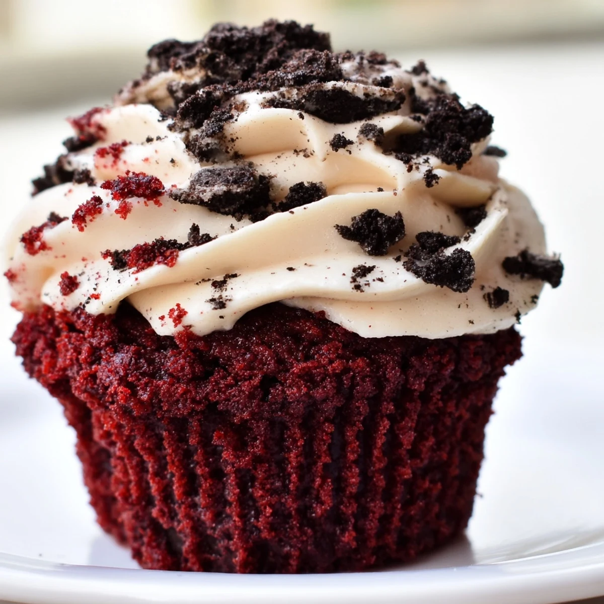 Moist Red Velvet Oreo Cupcakes dotted with chocolate cookie pieces on wooden serving board