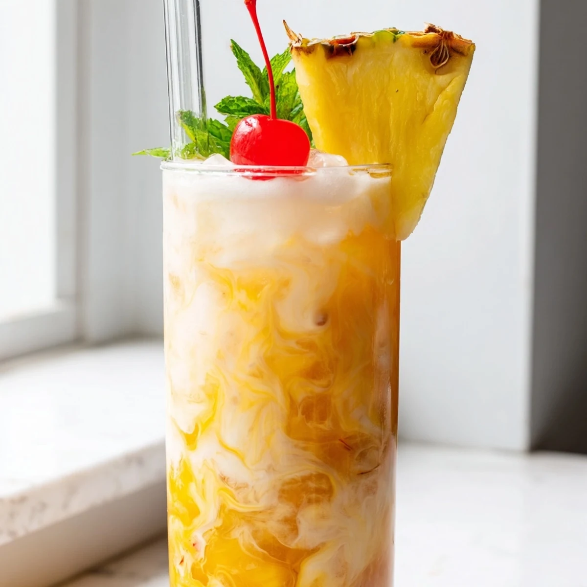 Creamy Tropical Thunder Dirty Soda swirled with coconut and mango over crushed ice