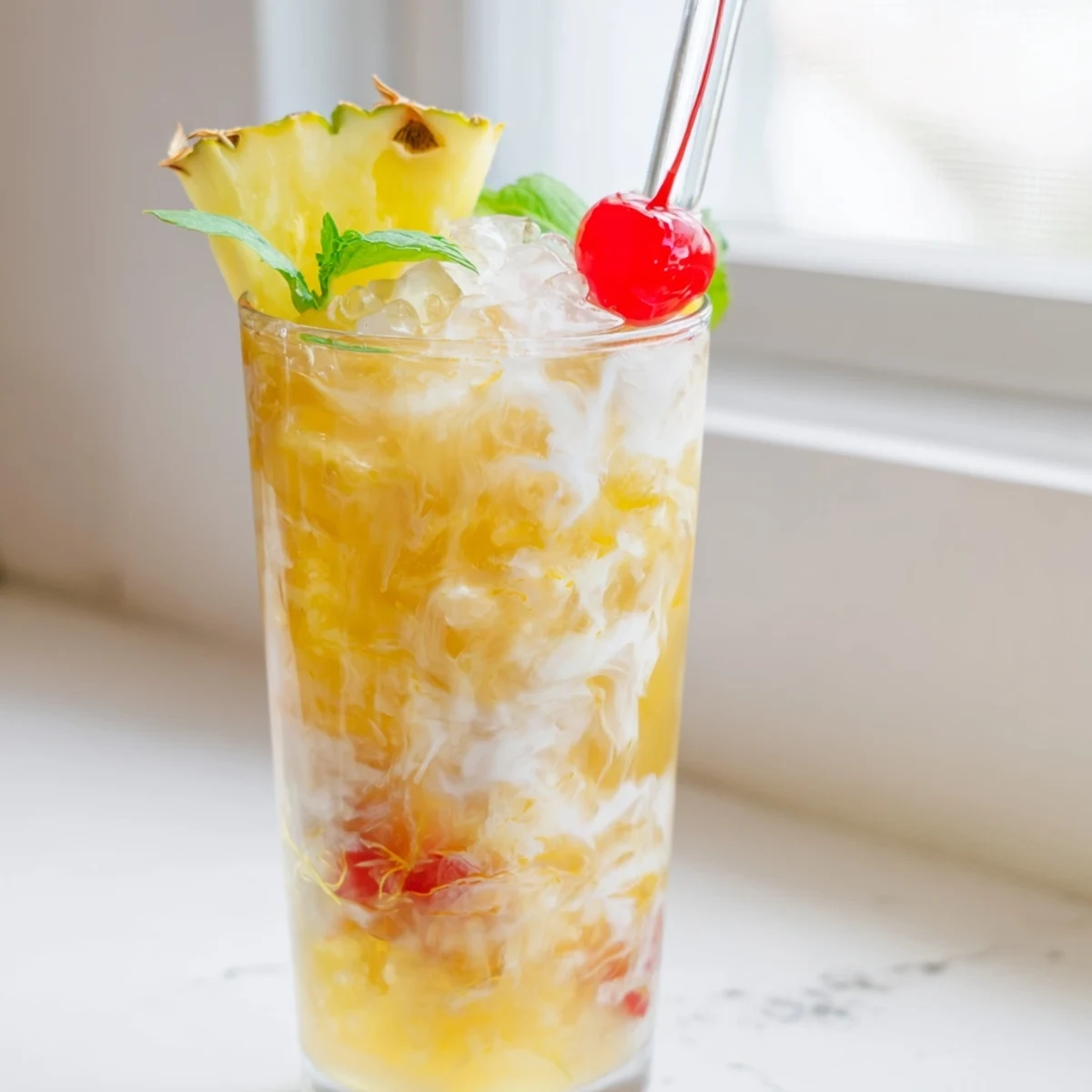 Tropical Thunder Dirty Soda in tall glasses topped with pineapple and cherries