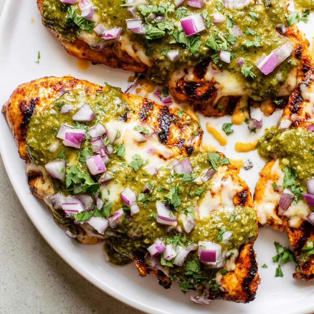 Juicy grilled salsa verde pepper jack chicken topped with melted cheese and fresh cilantro