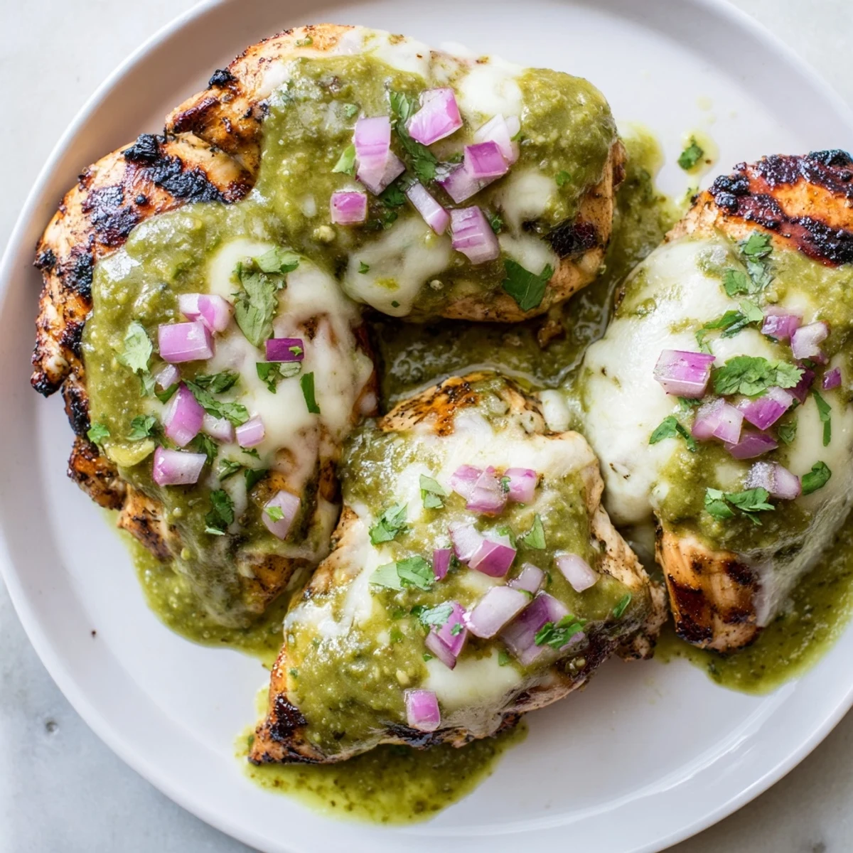 Smoky grilled salsa verde pepper jack chicken drizzled with tangy green sauce on a plate