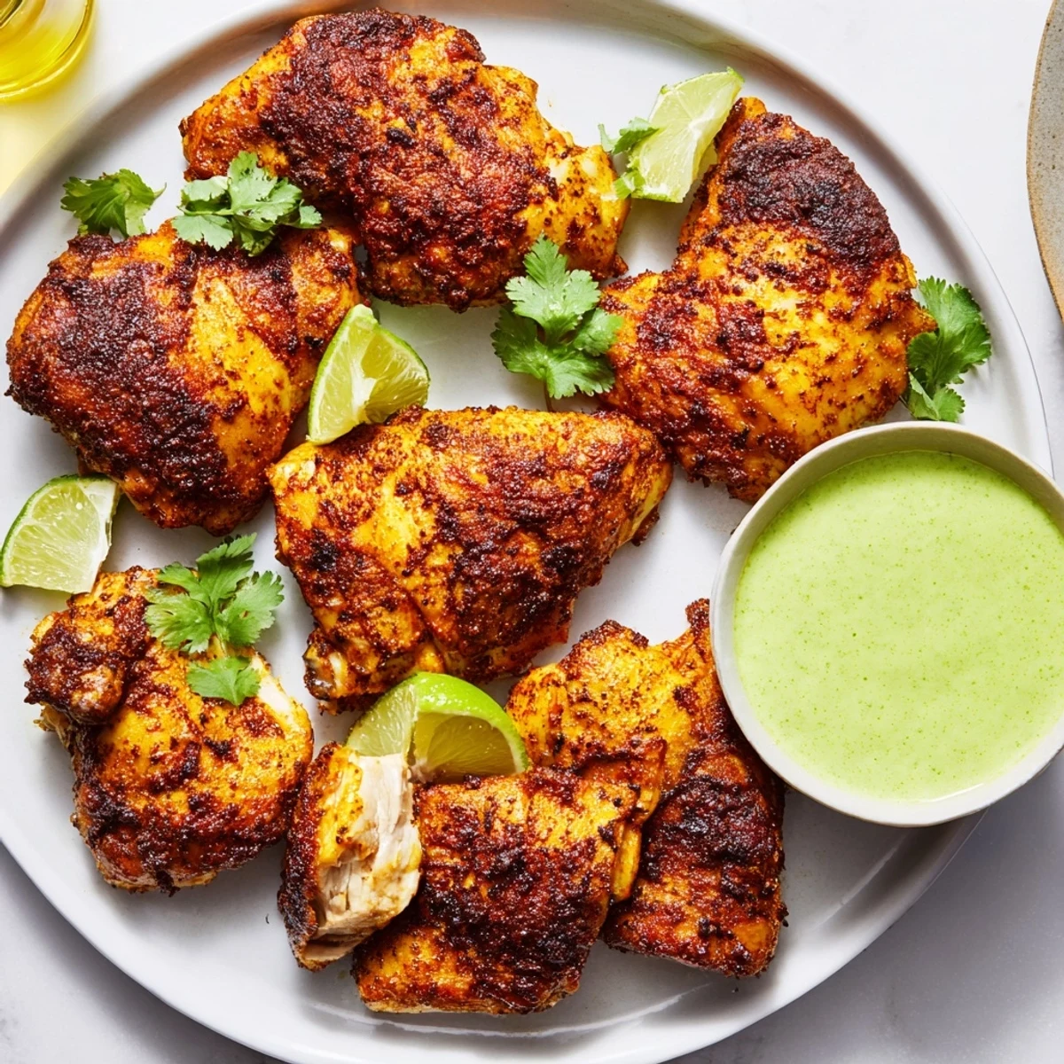 Golden roasted Peruvian chicken with crispy herb-marinated skin on a rustic platter