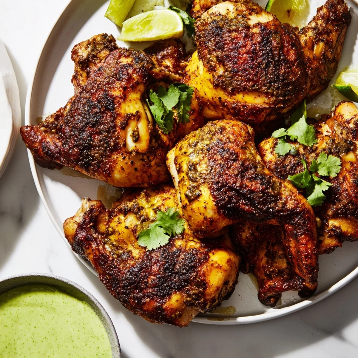 Juicy Peruvian chicken carved and drizzled with creamy cilantro green sauce