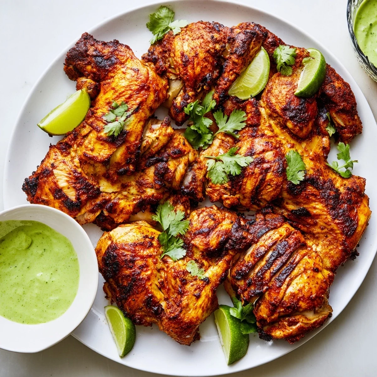 Spiced Peruvian chicken fresh from the oven with charred edges and vibrant green sauce
