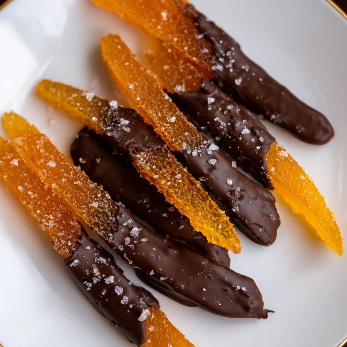 Glossy chocolate covered orange peels arranged on parchment paper with flaky sea salt