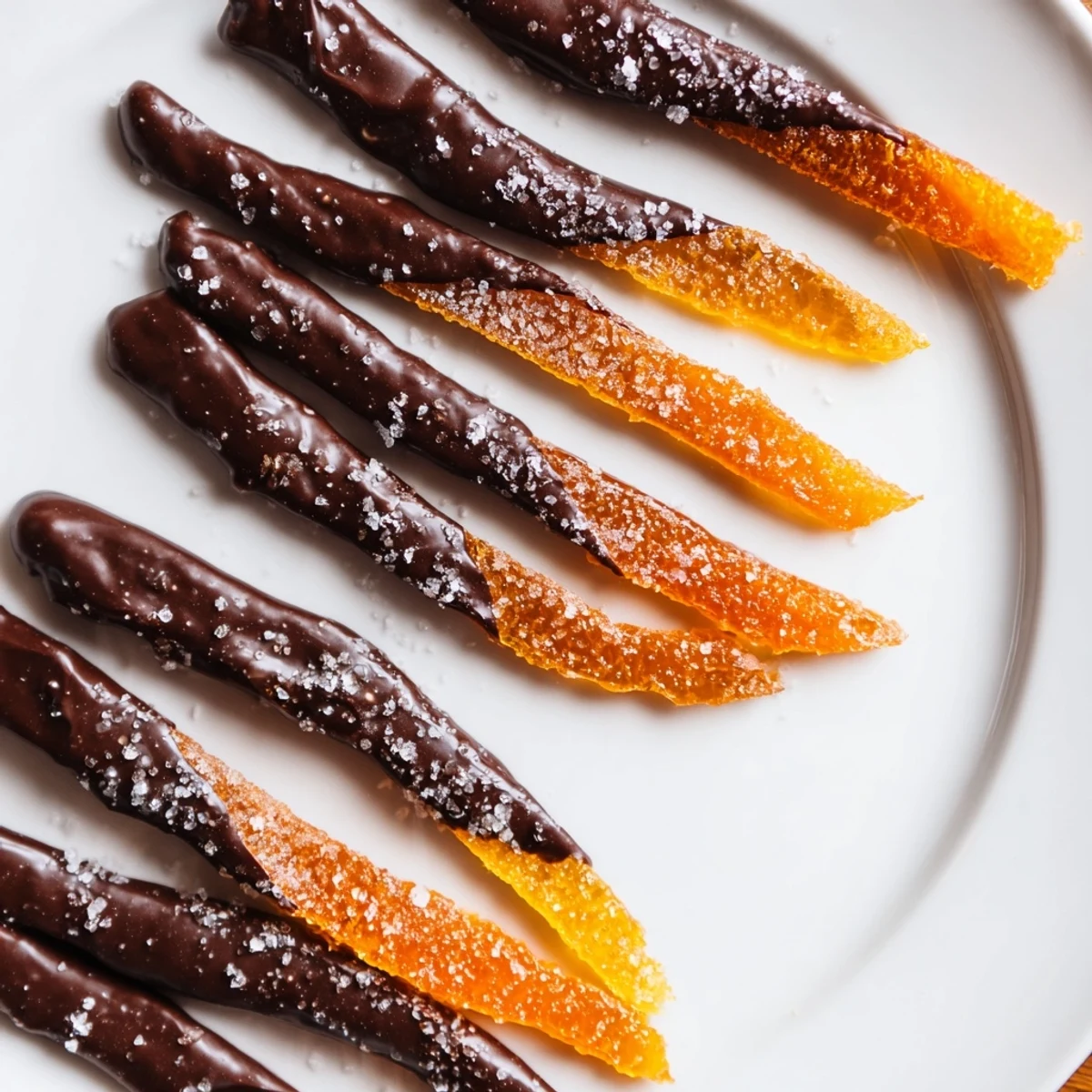 Dark chocolate covered orange peels stacked in a gift box for holiday sharing