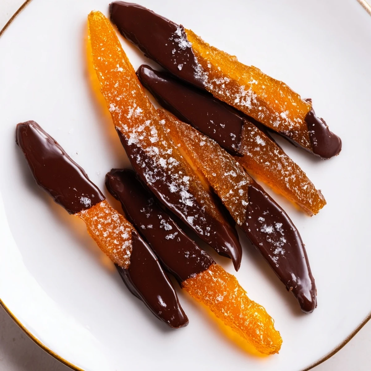 Candied orange strips half-dipped in dark chocolate covered orange peels glistening after cooling