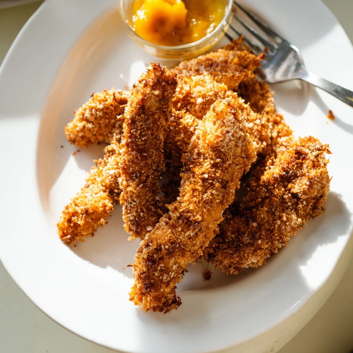 Crispy baked coconut chicken tenders on a parchment-lined sheet, perfectly golden brown