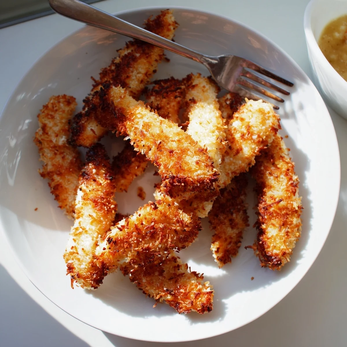 Golden crunchy coconut chicken strips served hot with sweet chili dipping sauce