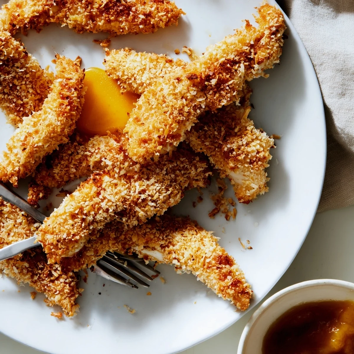 Juicy crunchy coconut chicken plated alongside fresh salad with mango chutney