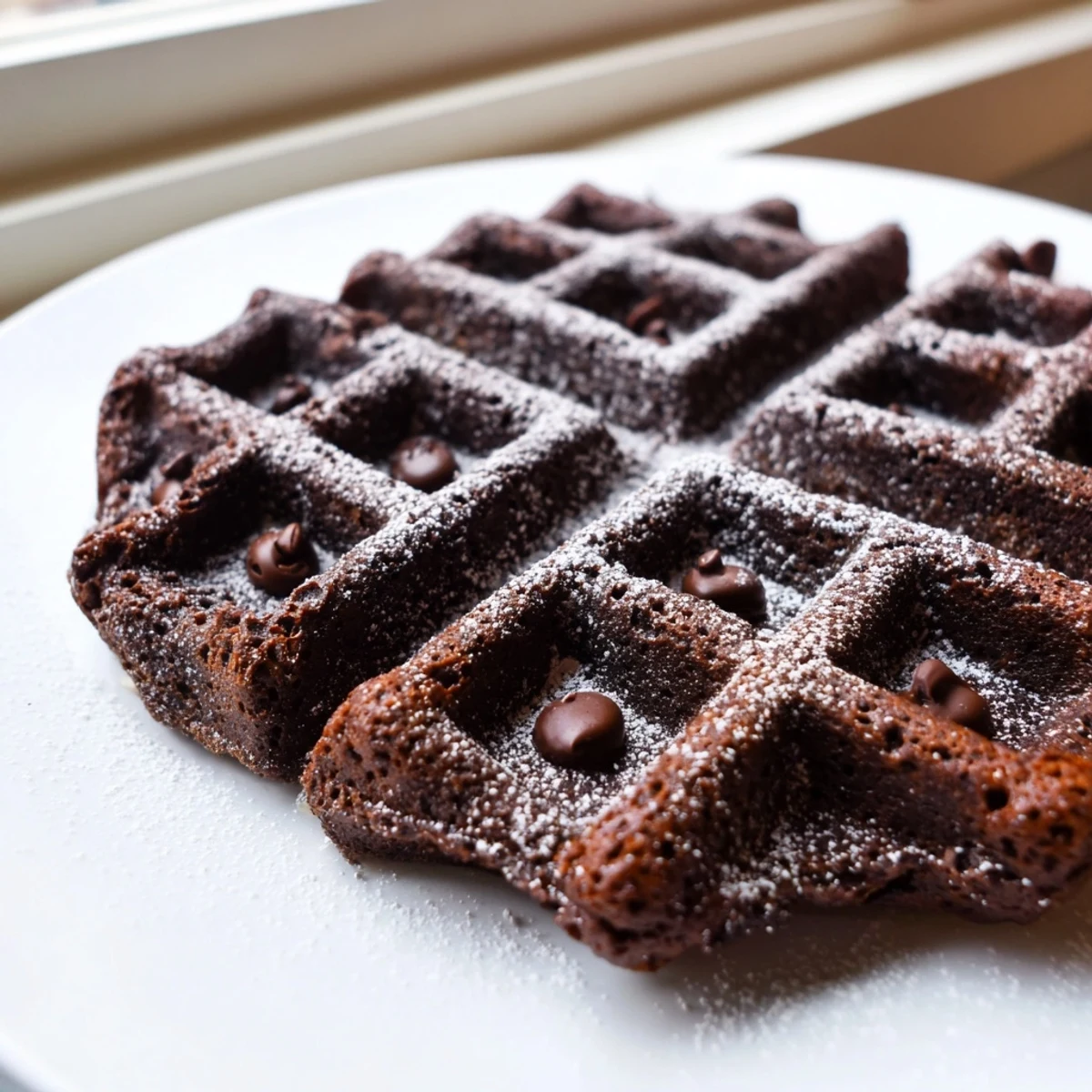 Fudgy brownie waffles with crisp golden edges drizzled in melted chocolate syrup