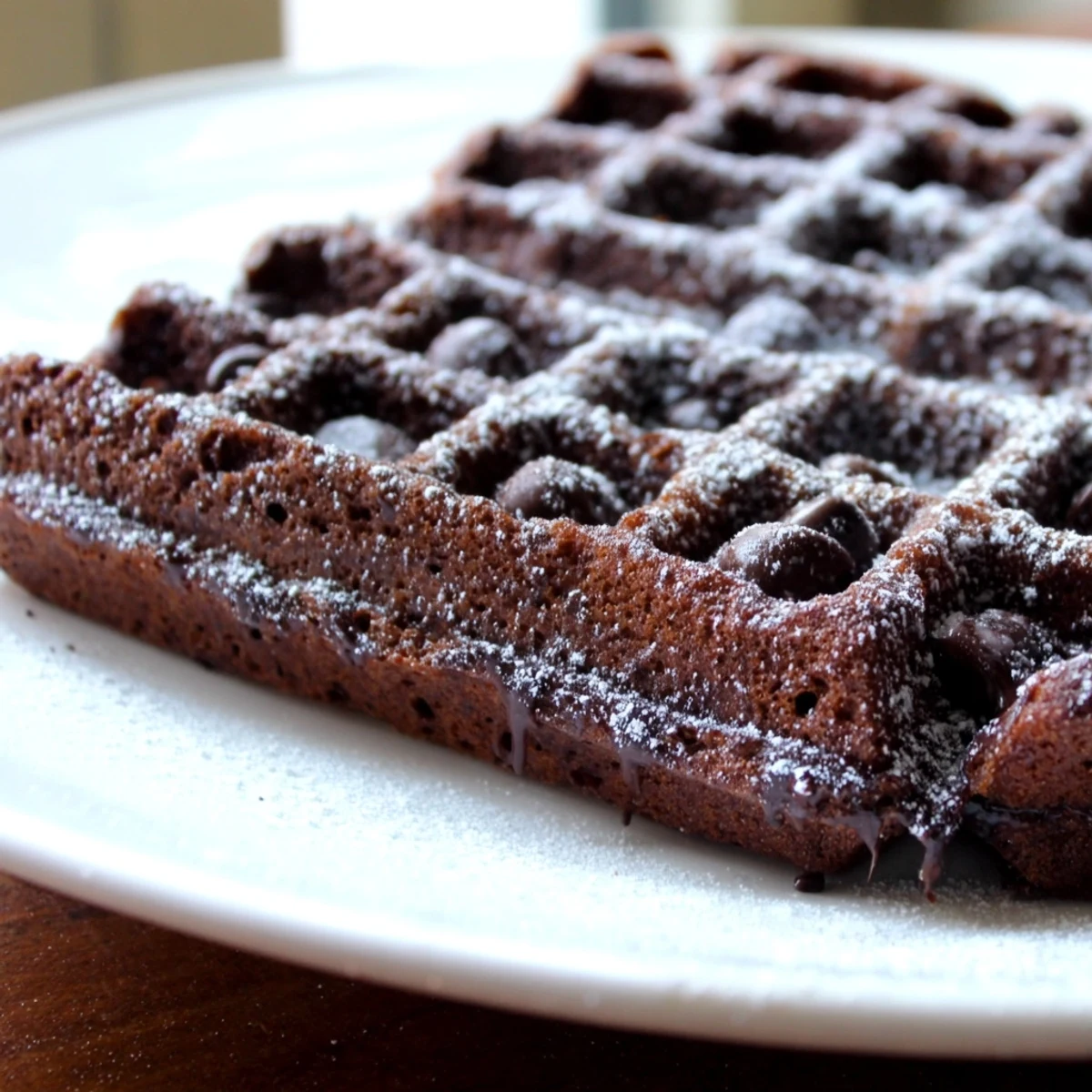 Warm fudgy brownie waffles served fresh from the iron with powdered sugar