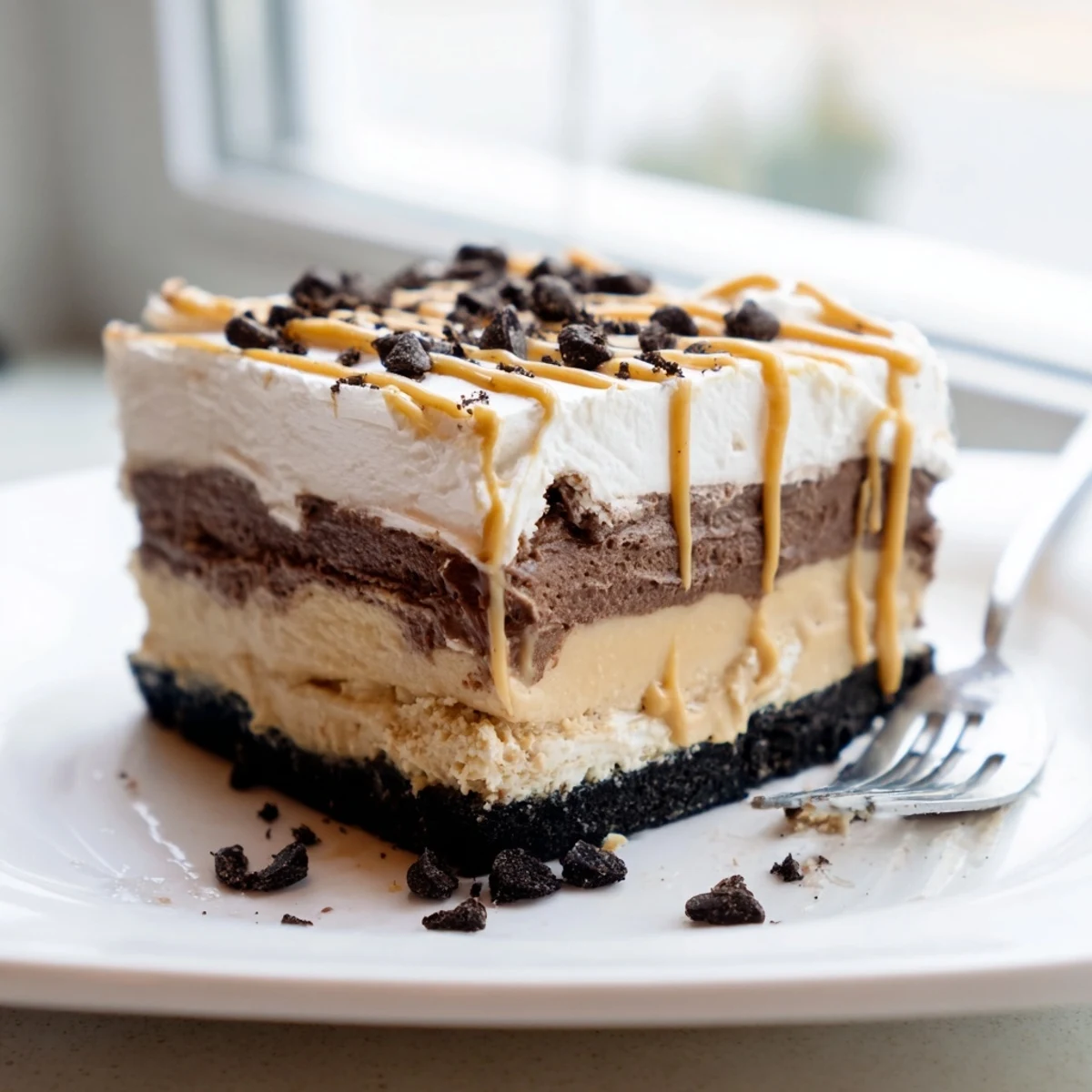 Creamy peanut butter layered delight with rich chocolate pudding and fluffy whipped topping