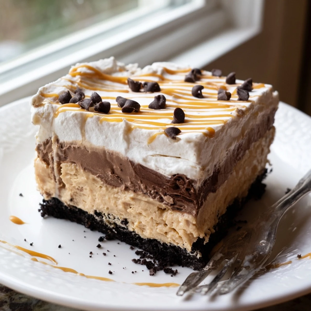 Decadent peanut butter layered delight sliced into neat squares showing every luscious pudding layer