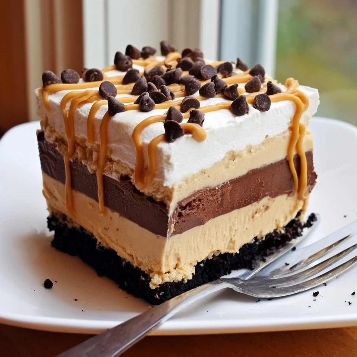 Golden Oreo crust beneath silky peanut butter layered delight topped with chocolate shavings