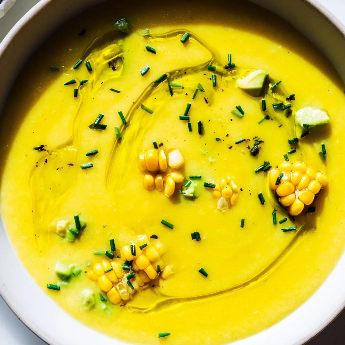 Creamy summer sweet corn gazpacho served chilled in a rustic bowl with fresh herb garnish