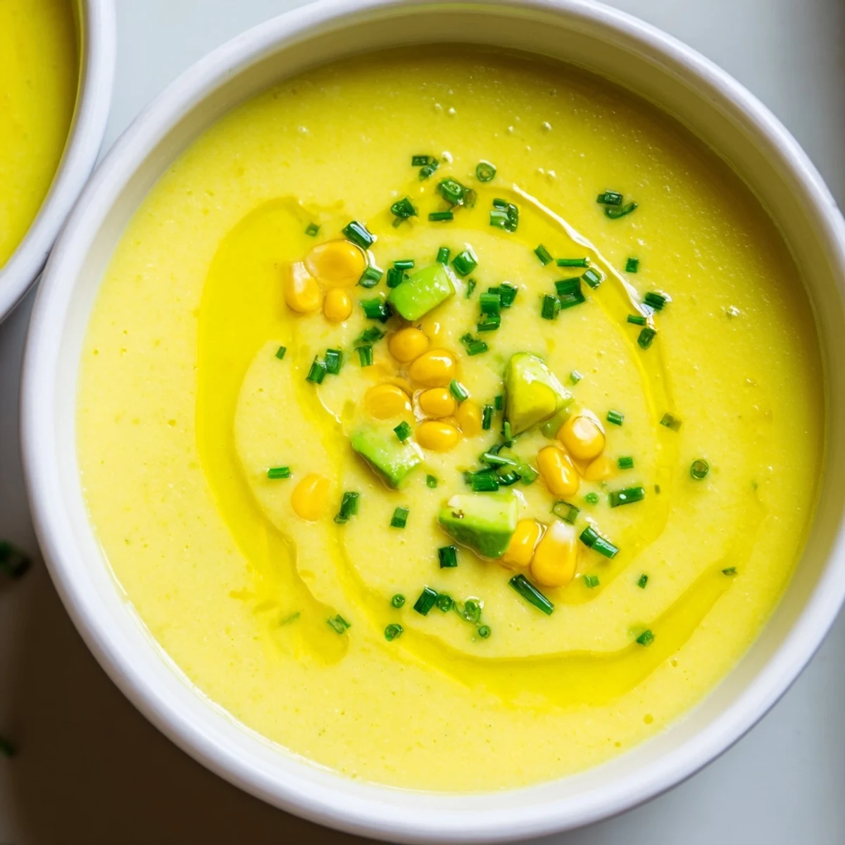 Golden summer sweet corn gazpacho topped with avocado cubes and a drizzle of olive oil