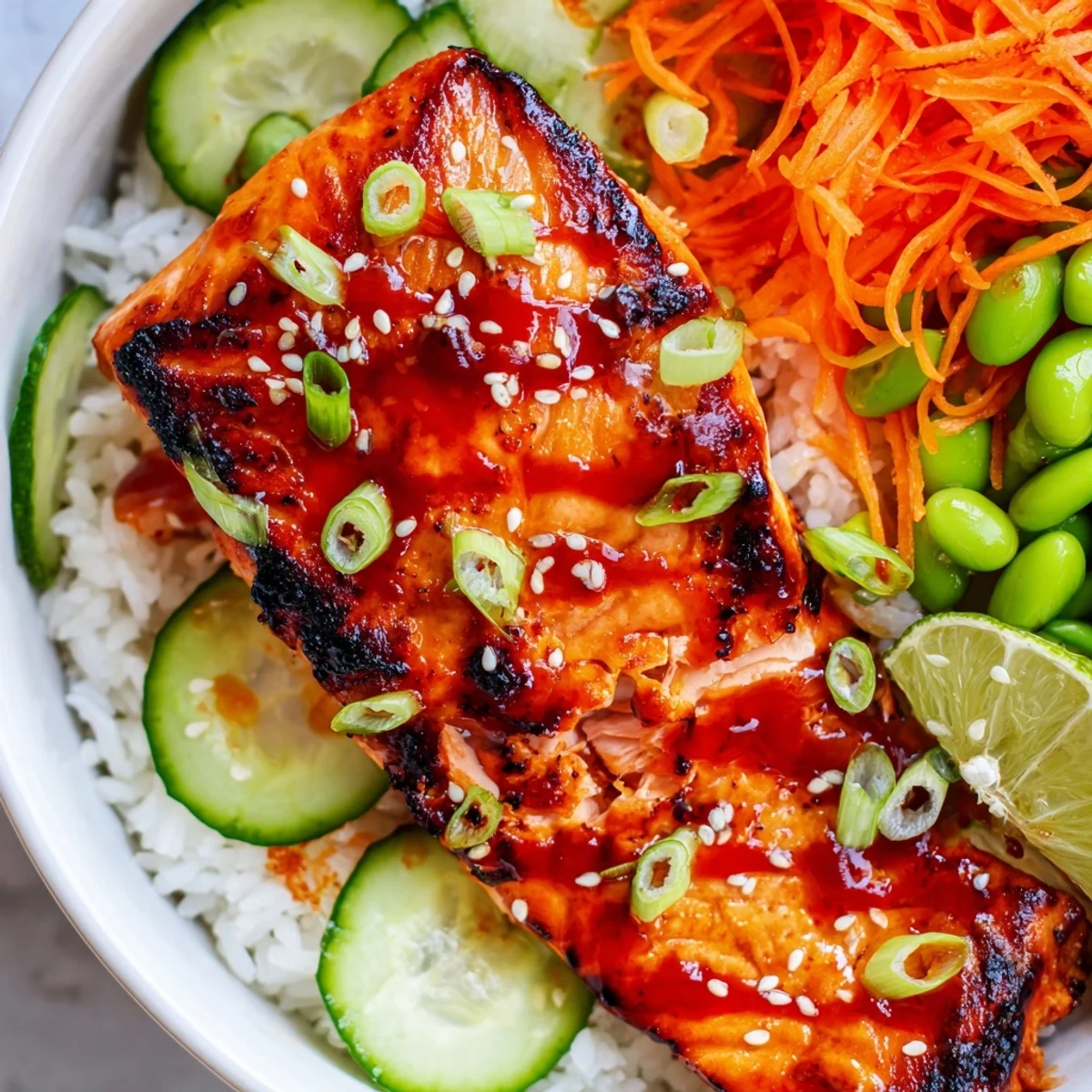 Glossy sriracha honey glazed salmon bowls with vibrant crisp vegetables and steamed rice