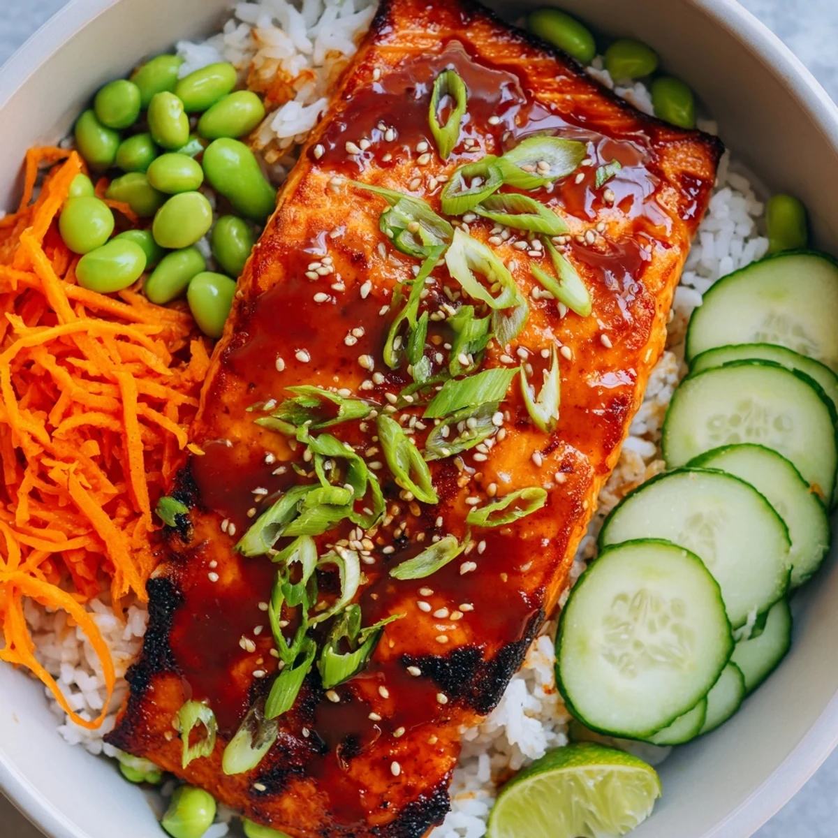 Spicy sweet sriracha honey glazed salmon bowls topped with sesame seeds and fresh herbs