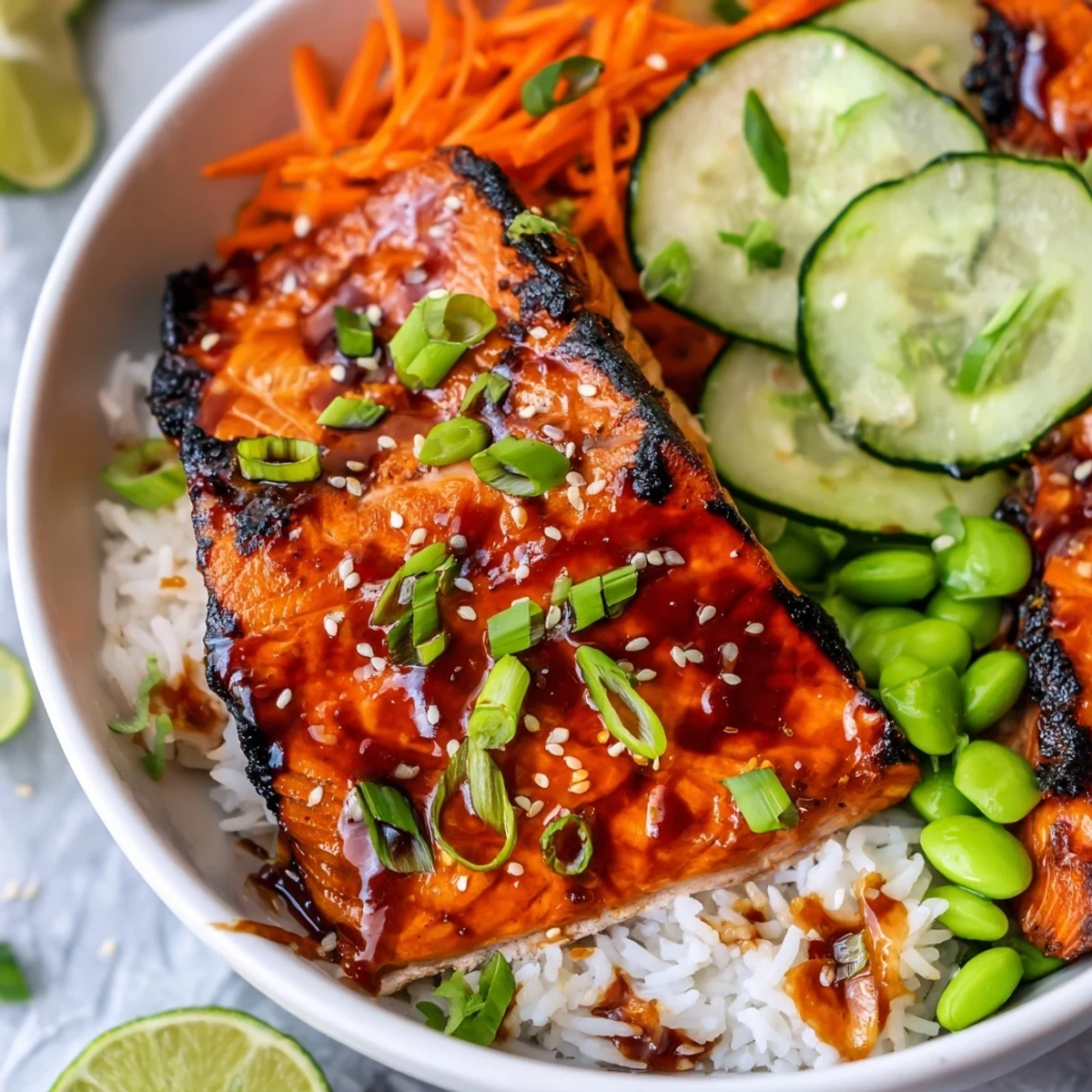 Golden caramelized salmon over fluffy rice in these sriracha honey glazed salmon bowls