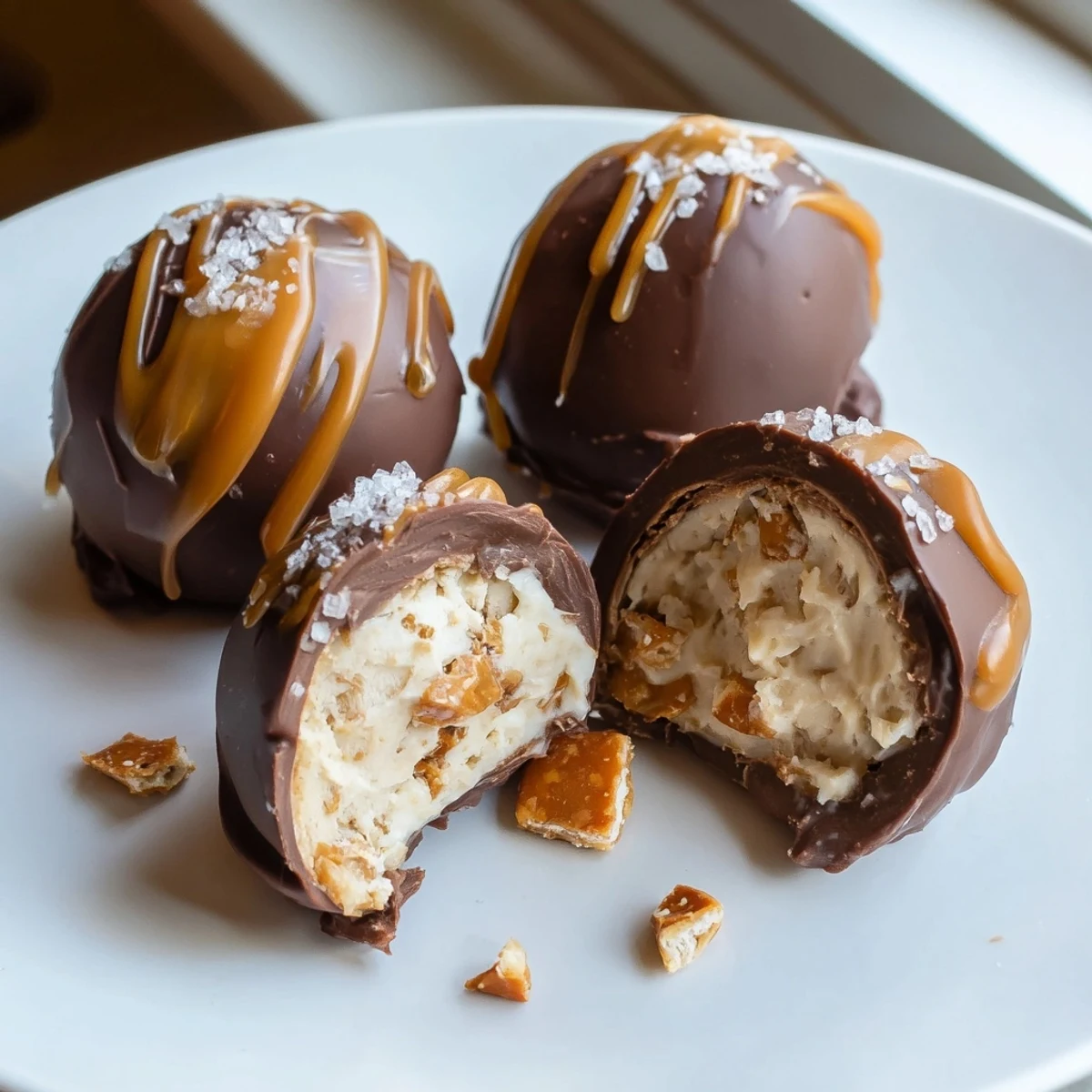 Salted Caramel Pretzel Cheesecake Balls coated in glossy chocolate with a golden caramel drizzle