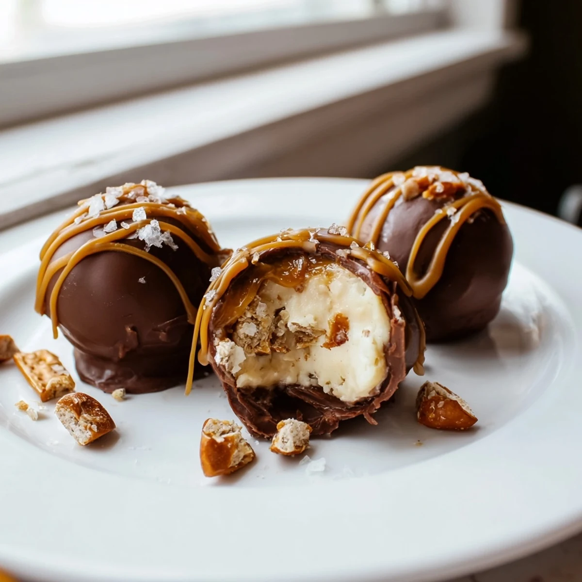 Creamy Salted Caramel Pretzel Cheesecake Balls sprinkled with flaky sea salt on a parchment-lined tray