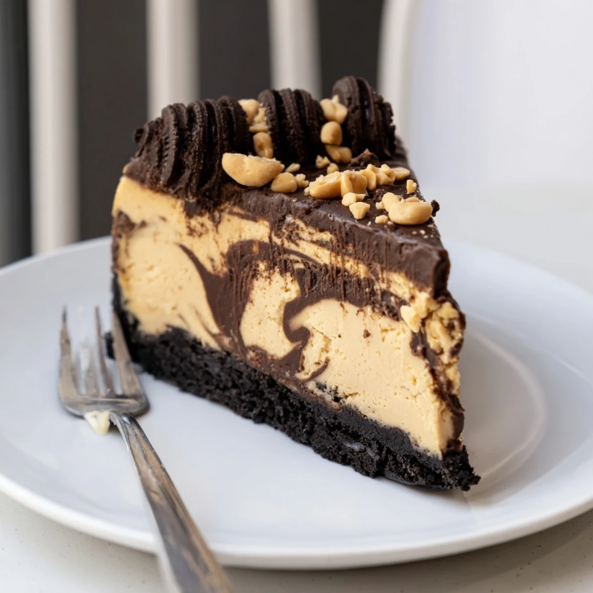 Creamy chocolate peanut butter cheesecake sliced and drizzled with rich dark ganache
