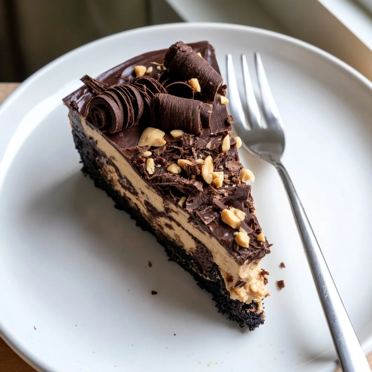 Tall slice of chocolate peanut butter cheesecake swirled with melted chocolate and peanut butter