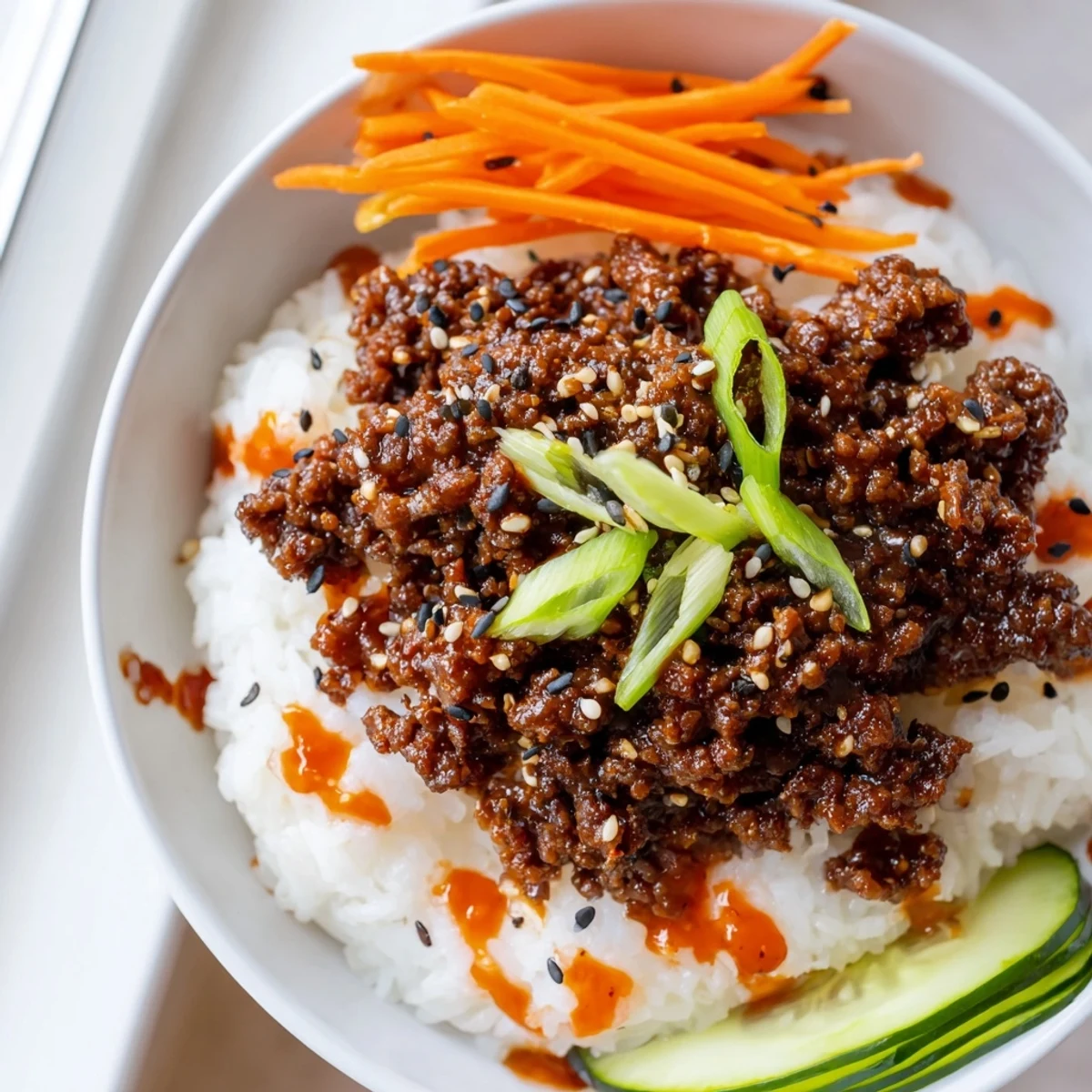 Glistening Korean ground beef bowl topped with crisp vegetables and sesame seeds over fluffy white rice