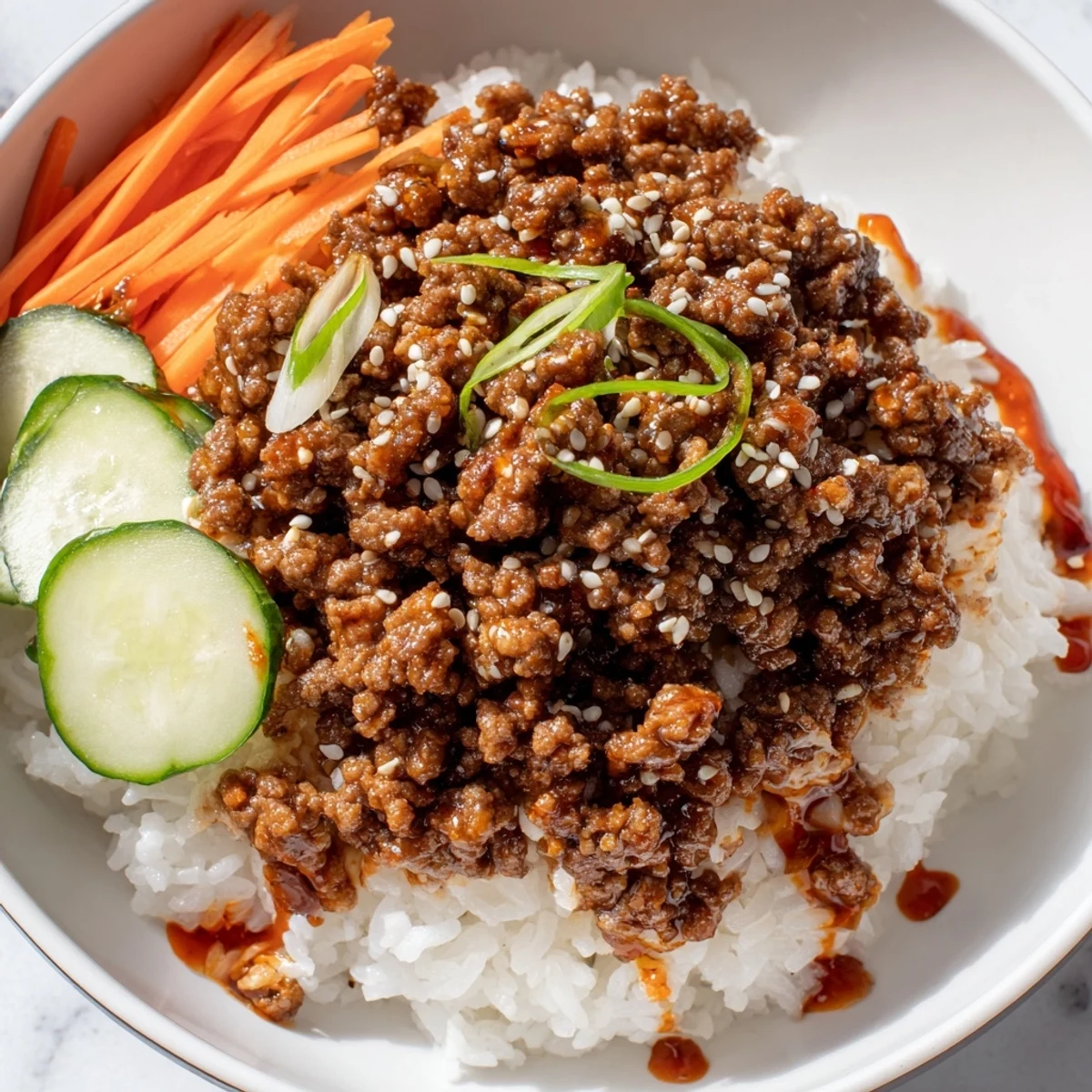 Savory sweet Korean ground beef bowl drizzled with sauce alongside julienned carrots and fresh cucumber