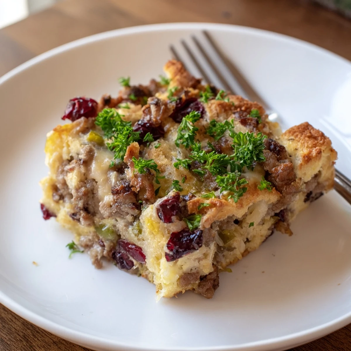 Golden baked cranberry sausage stuffing breakfast casserole with melted cheddar and herbs