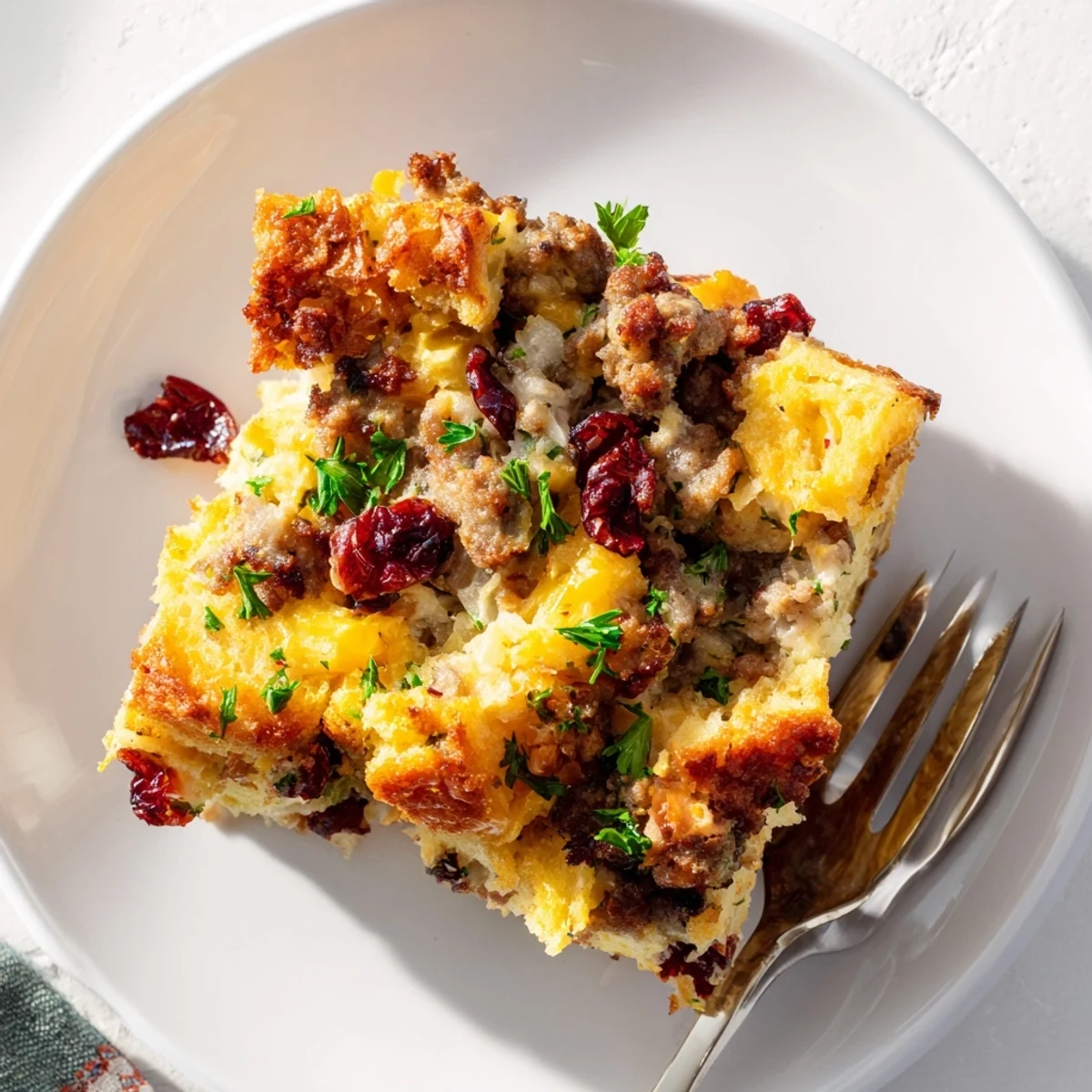 Creamy cranberry sausage stuffing breakfast casserole fresh from the oven with crispy edges