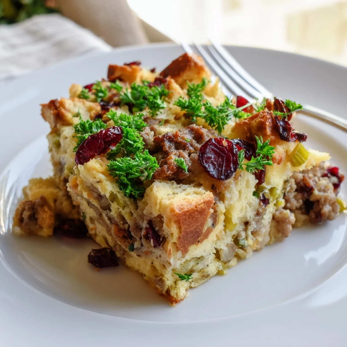 Steaming slice of cranberry sausage stuffing breakfast casserole topped with fresh chopped parsley