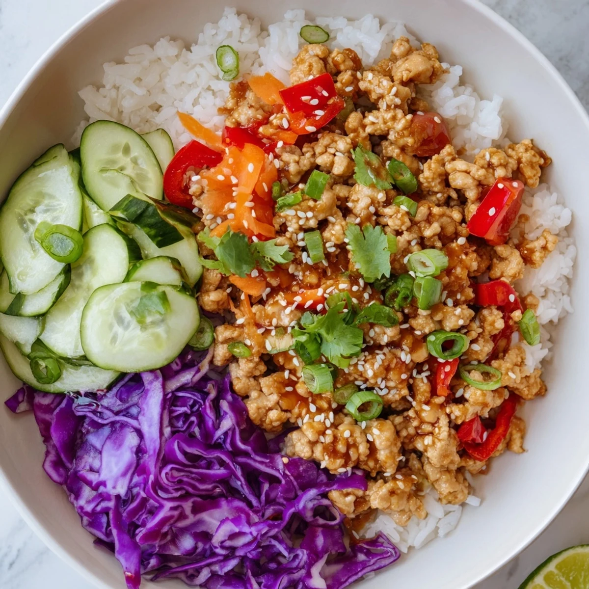 Colorful ground turkey rice bowls loaded with crisp vegetables and sesame seeds