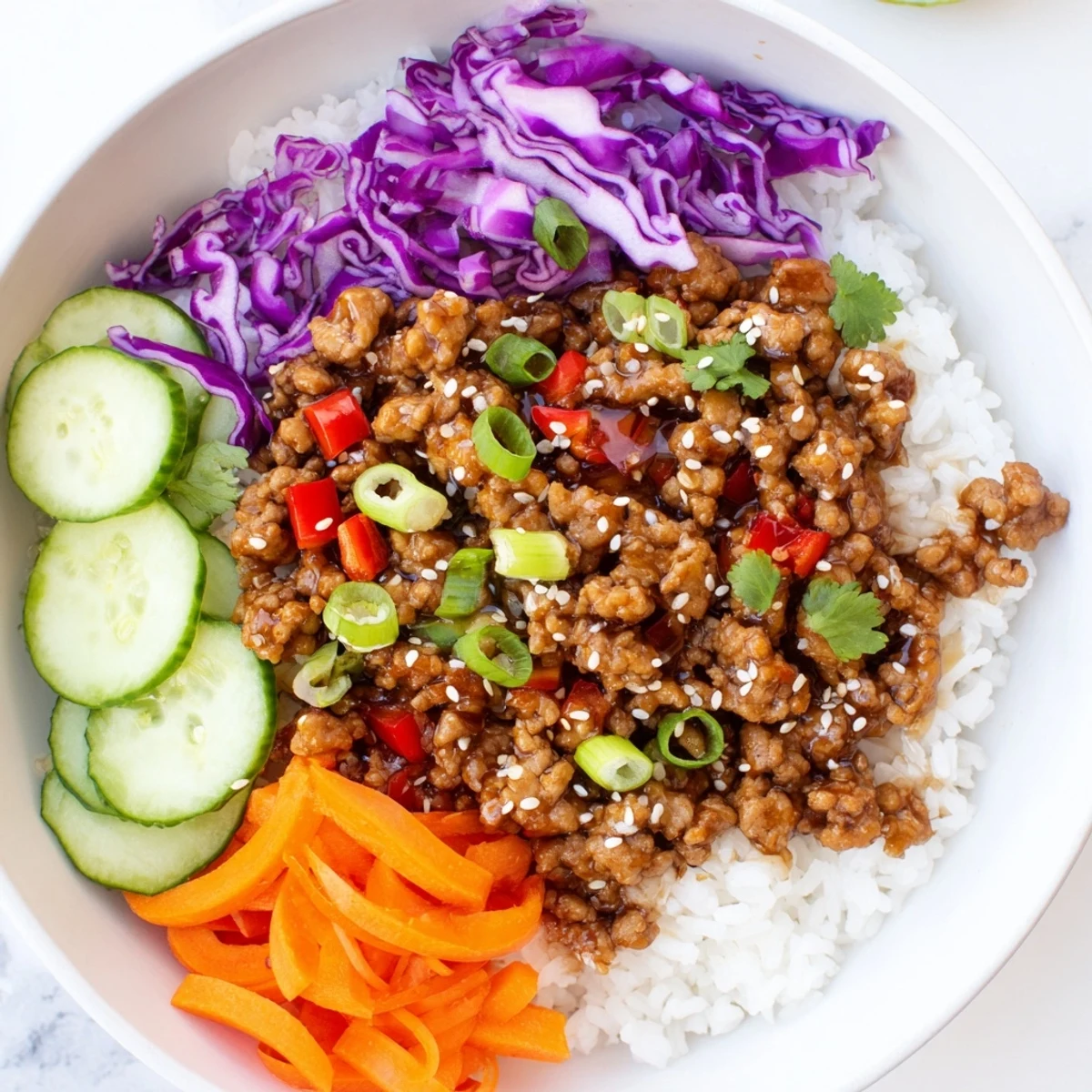Hearty ground turkey rice bowls featuring tender meat and vibrant purple cabbage