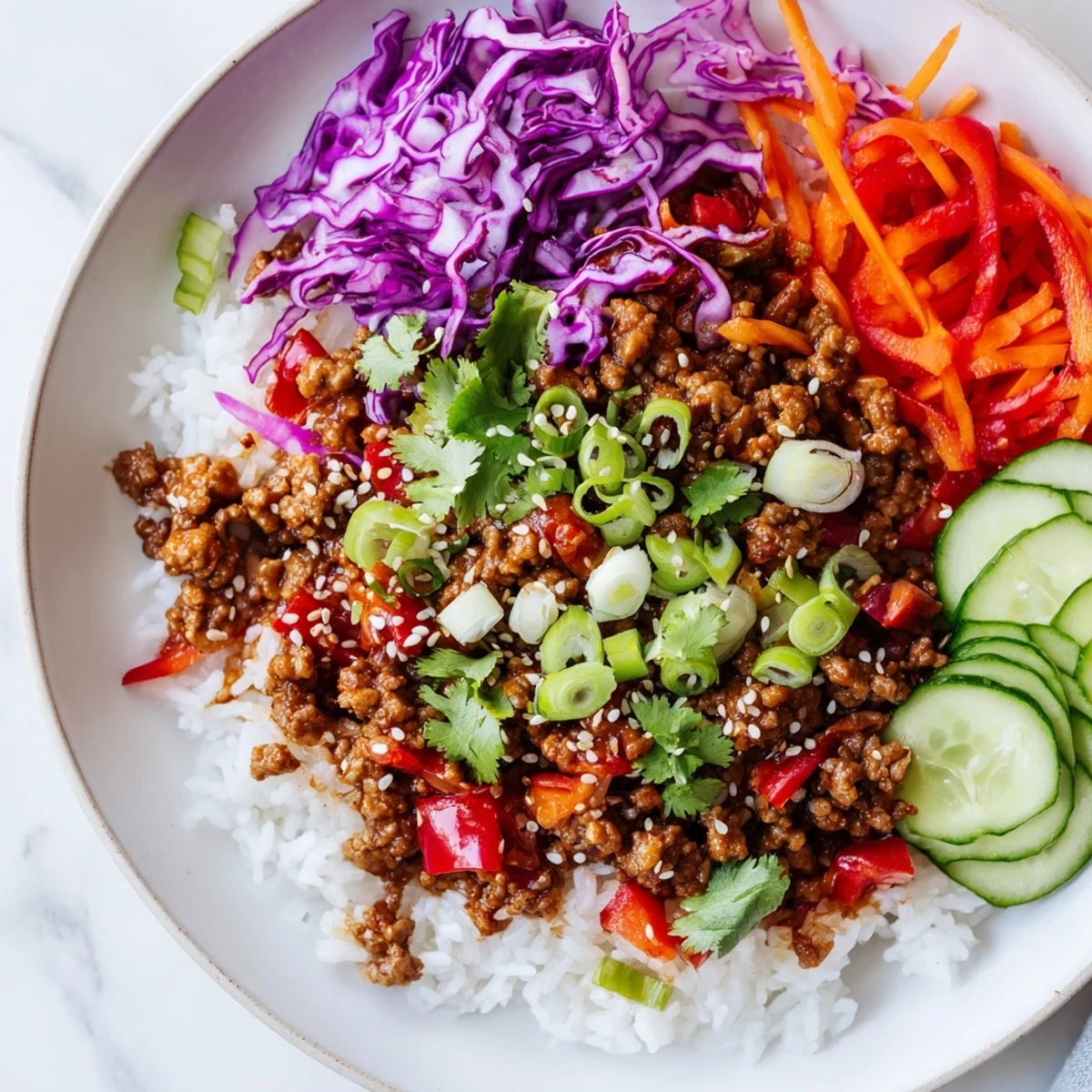 Savory ground turkey rice bowls topped with fresh cilantro and lime wedges