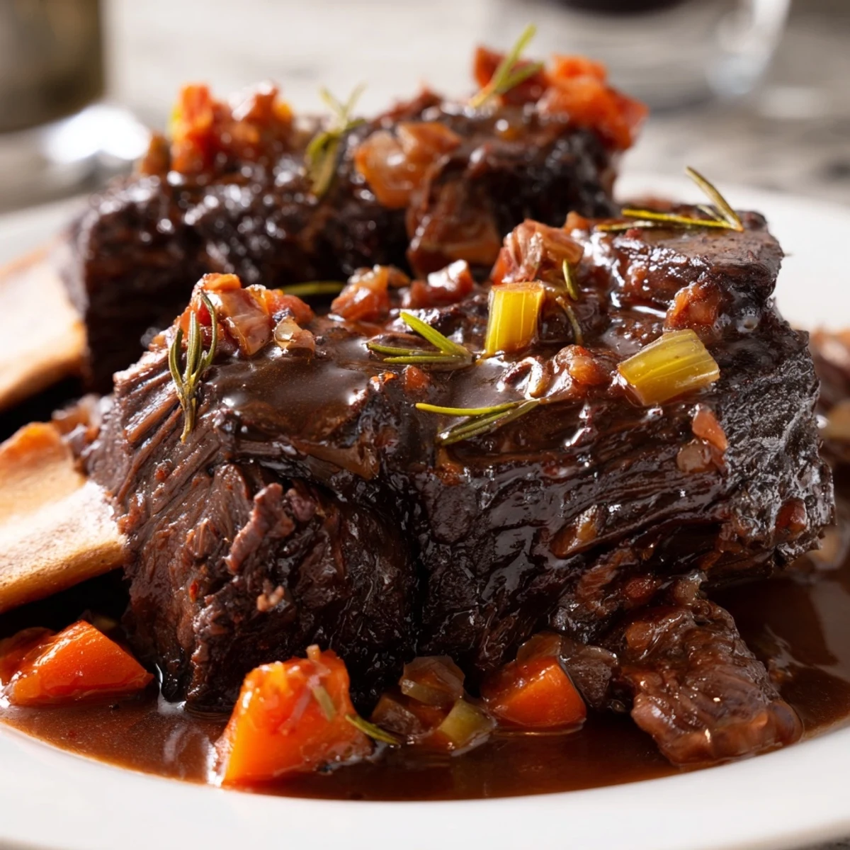 Fall-off-the-bone beef short ribs glistening with rich red wine braising sauce