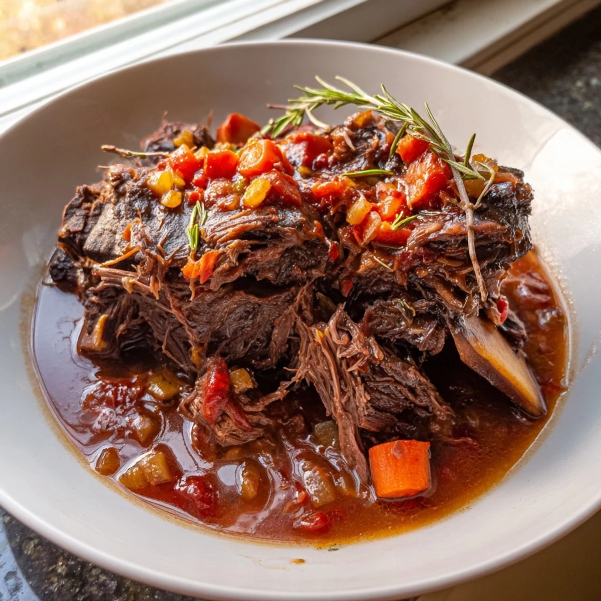 Tender oven braised beef short ribs nestled in a deep herb-infused gravy