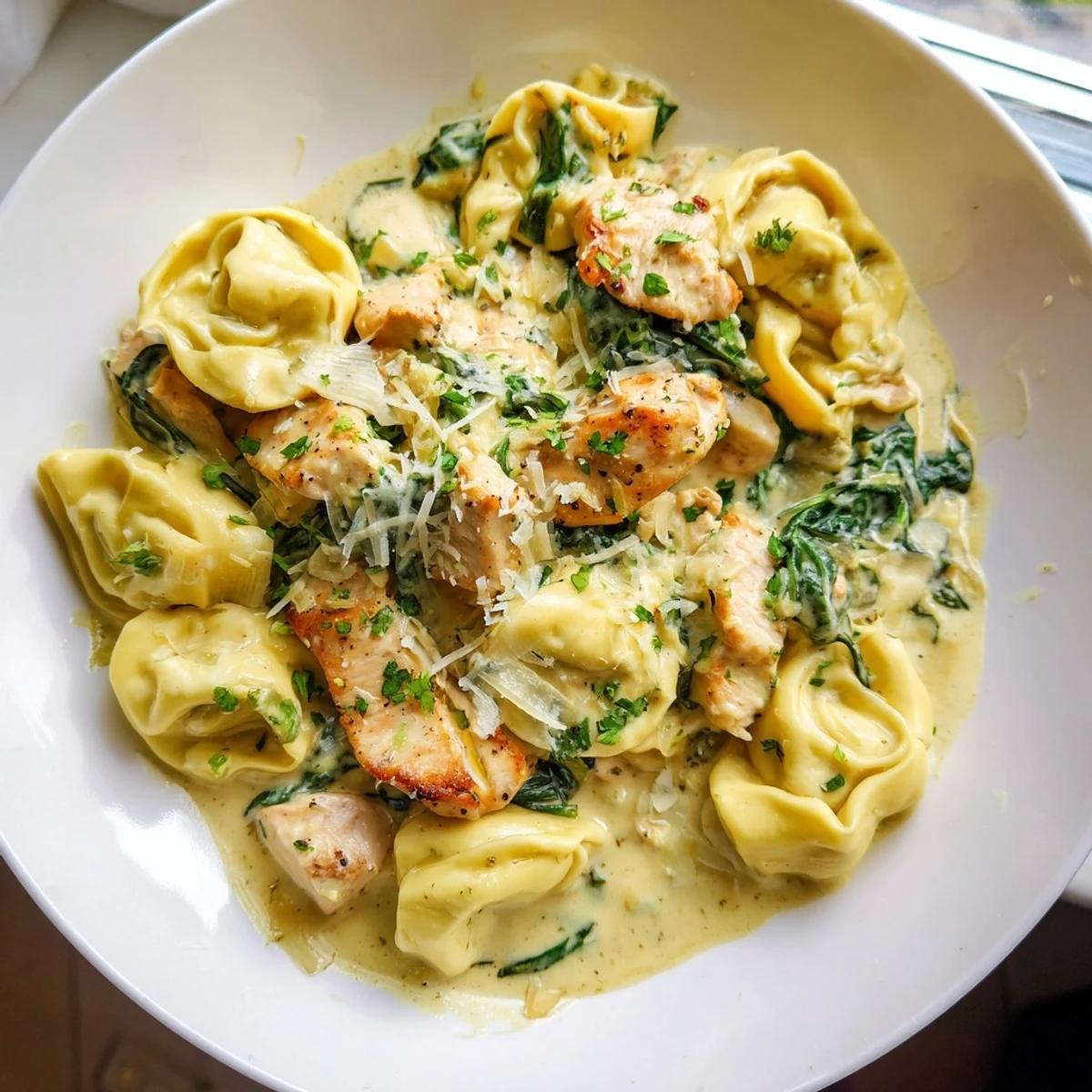 Creamy garlic chicken tortellini with spinach served in a bubbling white bowl